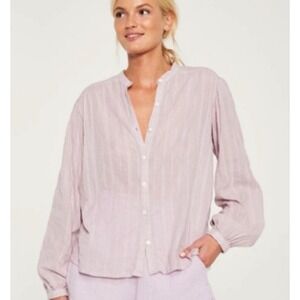 ROWIE The Label Cotton Striped Blouse Womens S White Lightweight Puff Sleeve